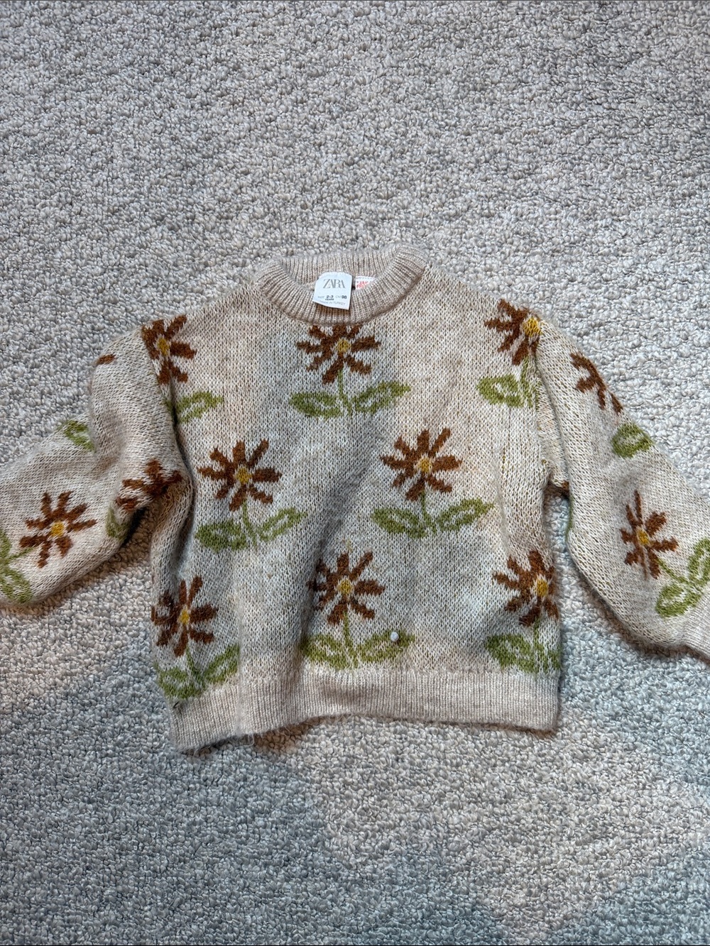 Zara Beige Floral Crewneck Sweater with Brown & Green Motif